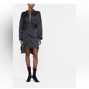 NEW BALENCIAGA LOGO JACQUARD WRAP SHIRT ASYMMETRICAL MIDI DRESS 42